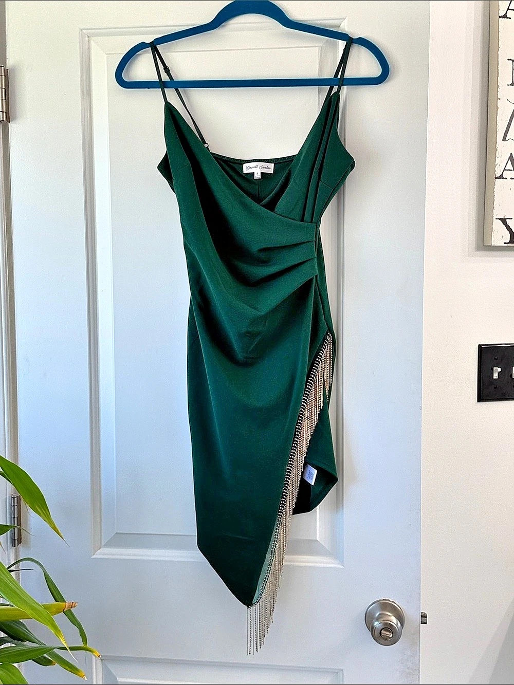 Emerald Sundae Rhinestone Fringe Asymmetrical Mini Dress Green Small